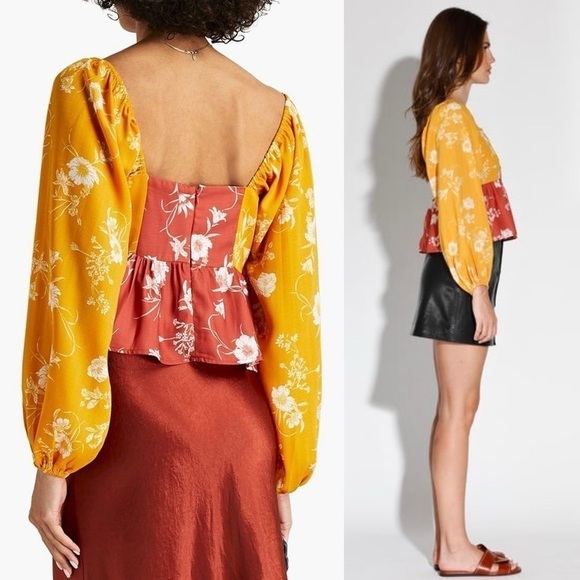 WALTER BAKER 70s Floral Colorblock Off Shoulder Puff Long Sleeve Ruffle Top M - Picture 5 of 8